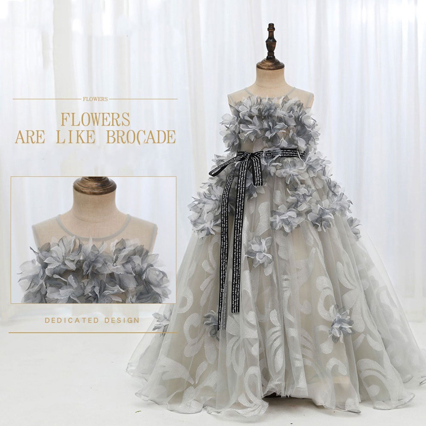 Luxury Gray Kids Girl Dress Handmade Flower Princess J018