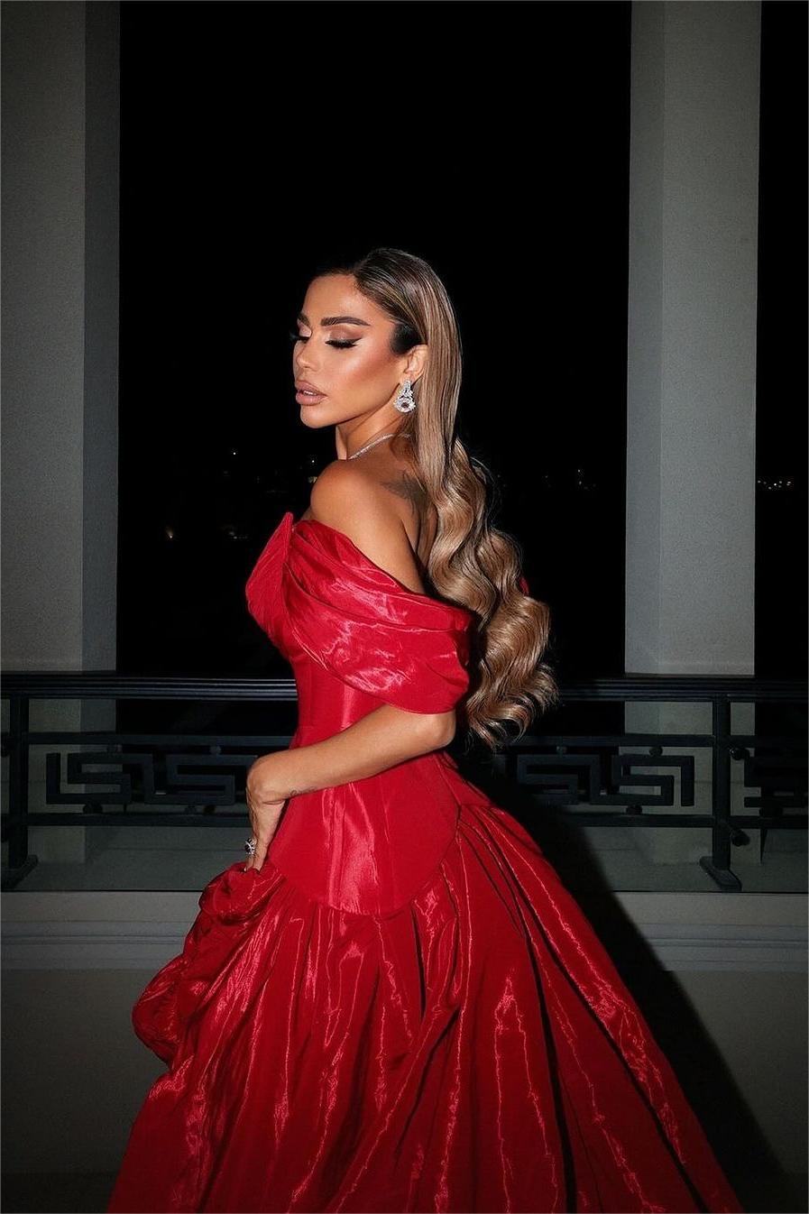 Hellodresses Chic Red Off the Shoulder V Neck A Line Long Split Prom Dress With Ruffles