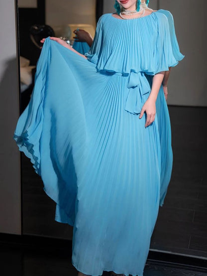Gentle A Line Round Neck Blue Pleated Chiffon Long Evening Dress Party Dresses SH2905