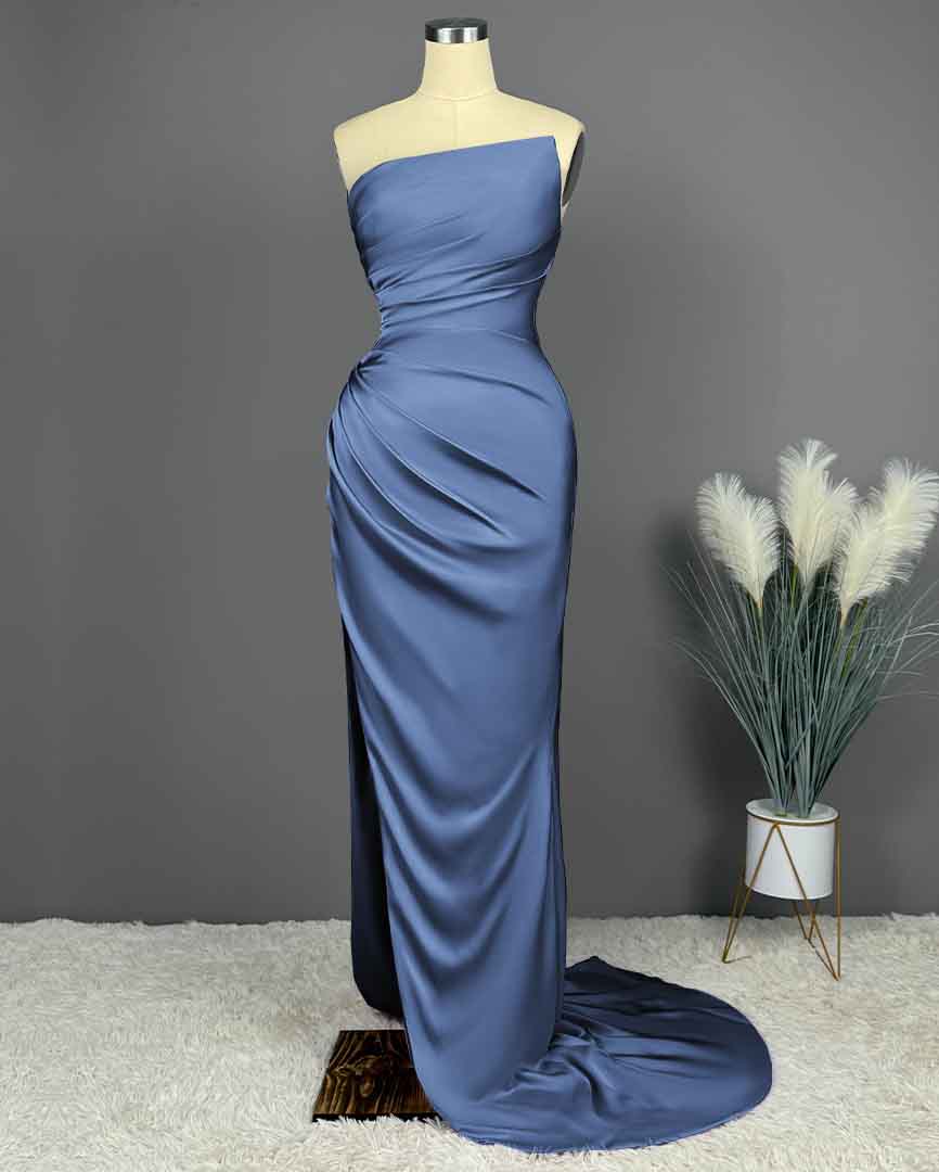 Simple Blue Prom Dress Sleeveless Charmeuse Gown With High Slit PLeated X0002