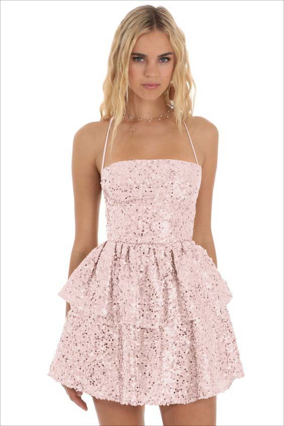 Champagne Sequins Halter Sleeveless Short Homecoming Dress with Ruffles HC0011