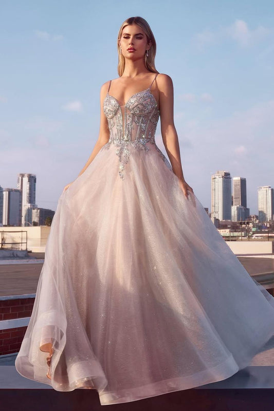 Elegant Dusty Rose Tulle Spaghetti Strap Sleeveless Long Split Prom Dress with Sequins | Zelldresses