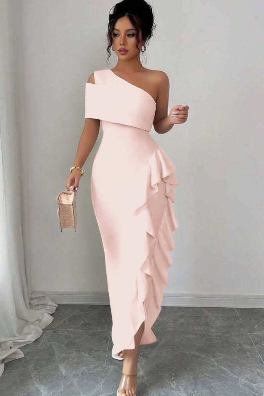 One Shoulder Sleeveless Long Split Prom Dress With Pleated Ruffles XJ0748