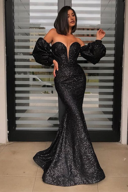 Black Sequins Sweetheart Long Mermaid Prom Dress with Detachable Sleeves PD0695