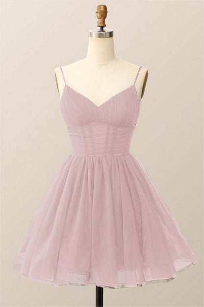 Dark Navy Tulle Spaghetti Strap Sleeveless Pleated A-Line Homecoming Dress HC0019