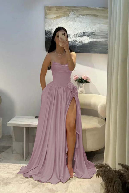 Elegant Pink Satin Strapless Beaded Sleeveless Pleated Split Prom Dress | Zelldresses