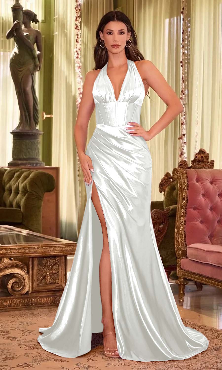 Halter Neck Sleeveless Long Mermaid Split Prom Dress With Pleated LY0640