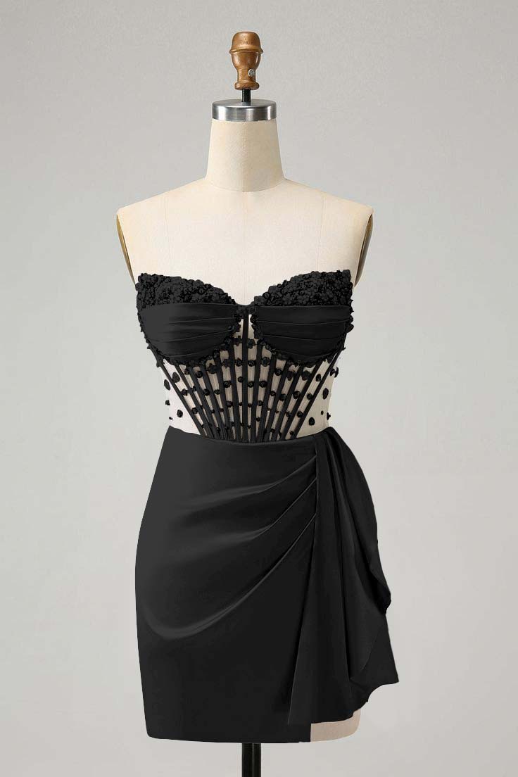 Strapless Sleeveless Pleated Short Homecoming Dress With Beading HC0131