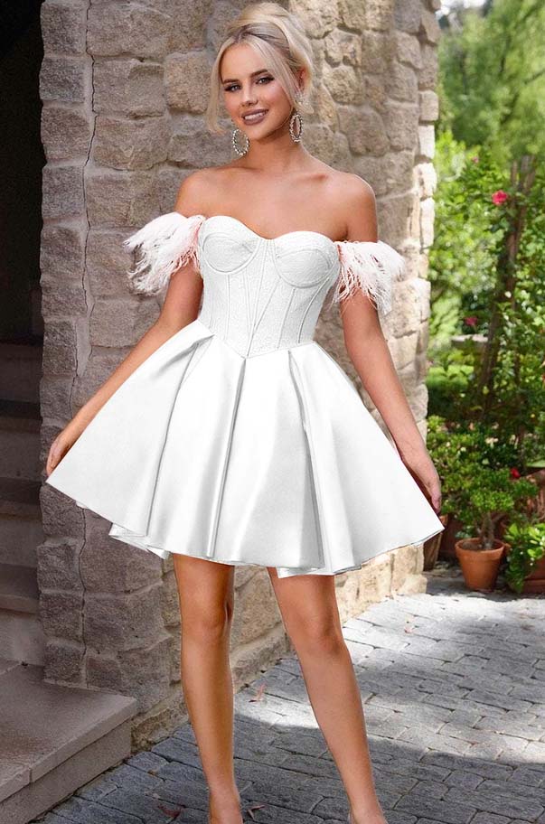 Off the Shoulder Sweetheart Sleeveless Short A Line Homecoming Dress With Feather HC0176