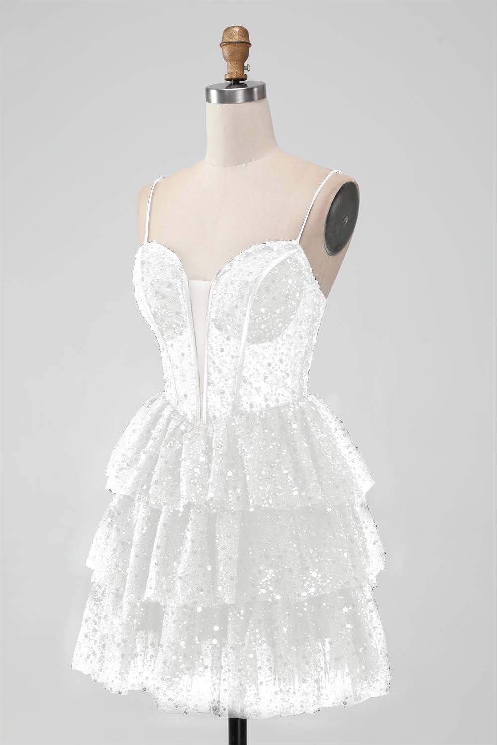 Black Sequins Spaghetti Strap Sleeveless Short Homecoming Dress With Ruffles HC0017