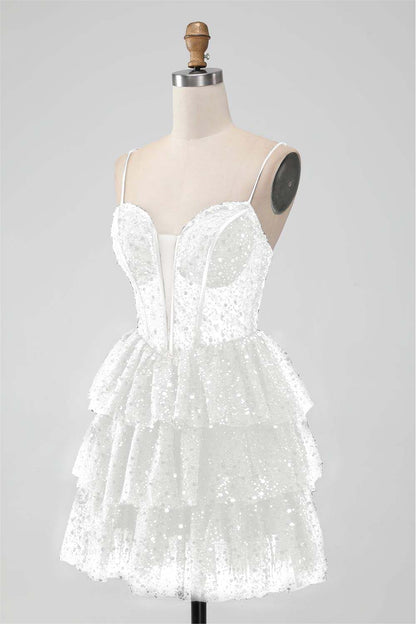 Black Sequins Spaghetti Strap Sleeveless Short Homecoming Dress With Ruffles HC0017