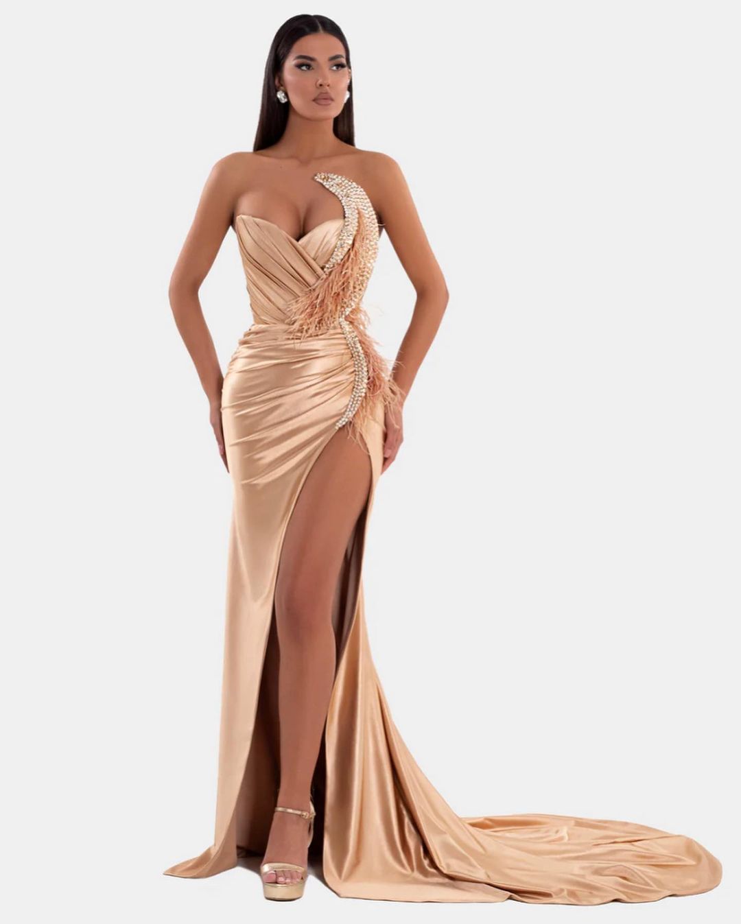 Sexy Royal Blue Prom Dress V Neck With High Slit Pleated Strapless Sleeveless YL0328