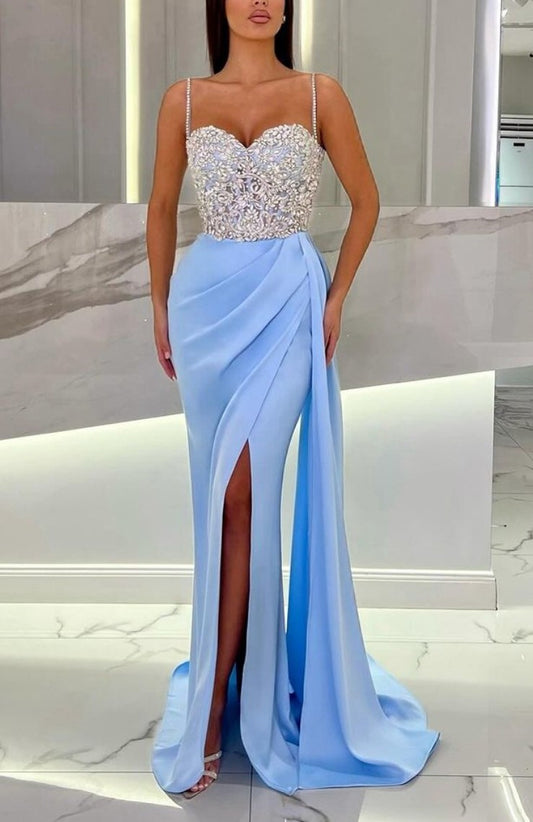 Baby Blue Prom Dress With High Slit Spaghetti Strap Sweetheart Appliques YL0309
