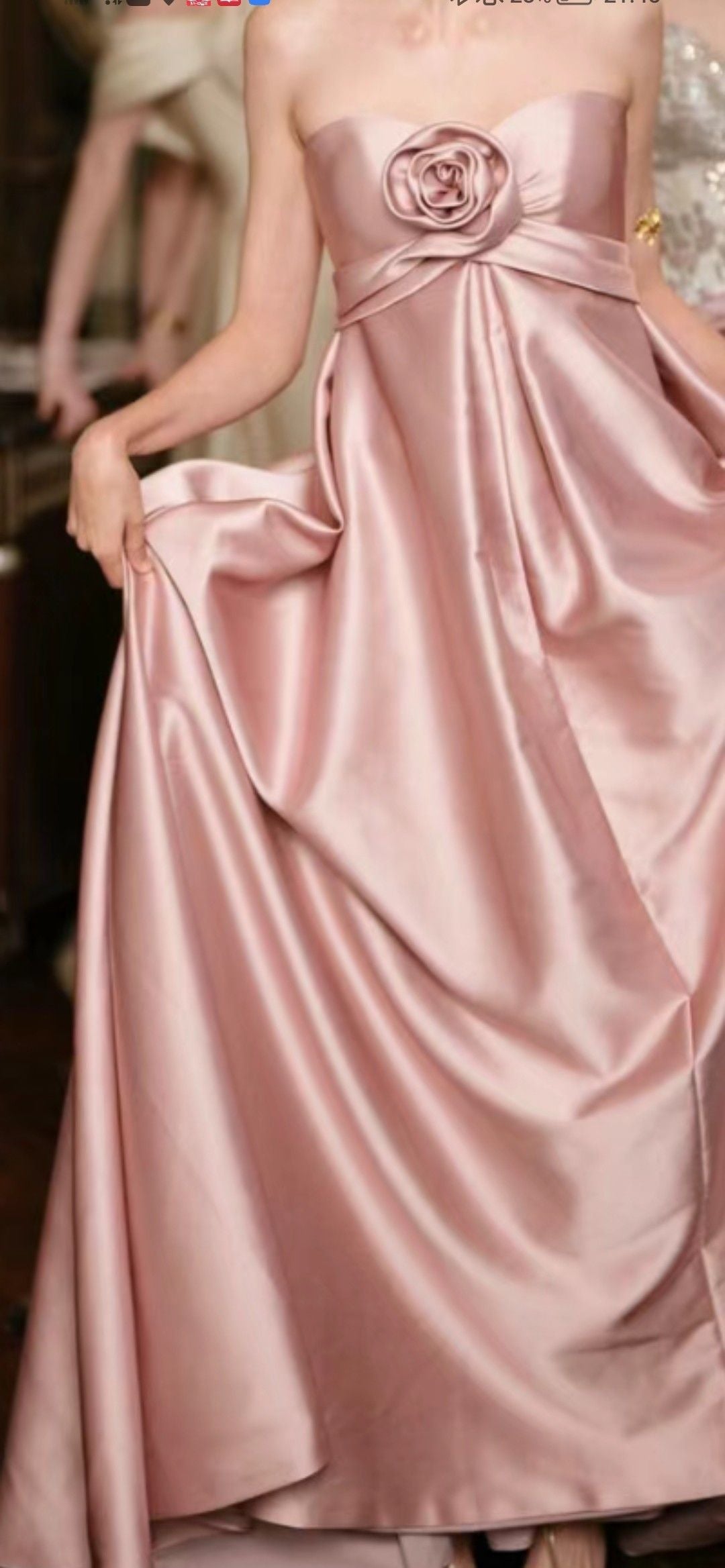 zelldressess-Pink Elegant Simple Floral Long Satin Prom Dress Bridesmaid Dress gh5951