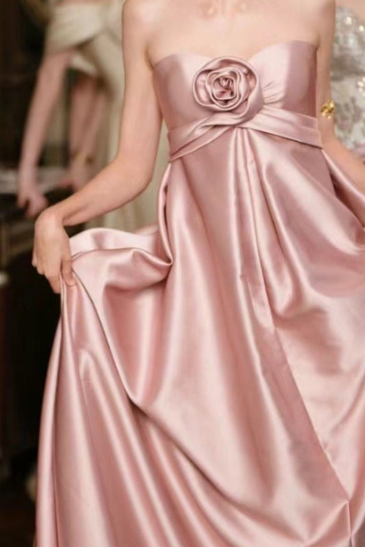 zelldressess-Pink Elegant Simple Floral Long Satin Prom Dress Bridesmaid Dress gh5951