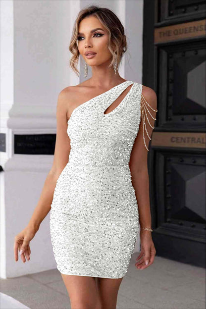 Sexy Champagne Sequins One Shoulder Short Homecoming Dress With Beadings HC0029