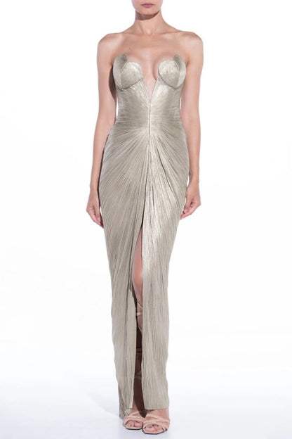 Charming Silver V Neck Sleeveless Pleated Split Prom Dress with Train | Zelldresses