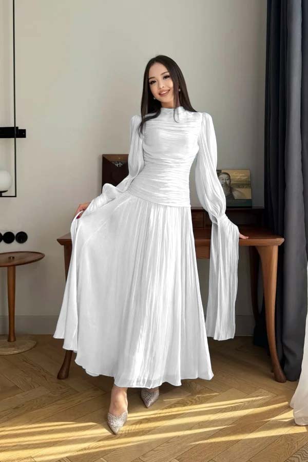 Playful Blue High-Neck Prom Dress Long Sleeves Pleated Floor Length CY0252