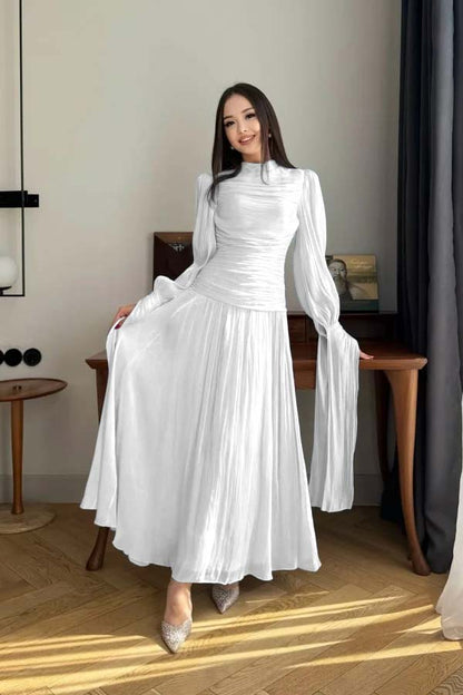 Playful Blue High-Neck Prom Dress Long Sleeves Pleated Floor Length CY0252