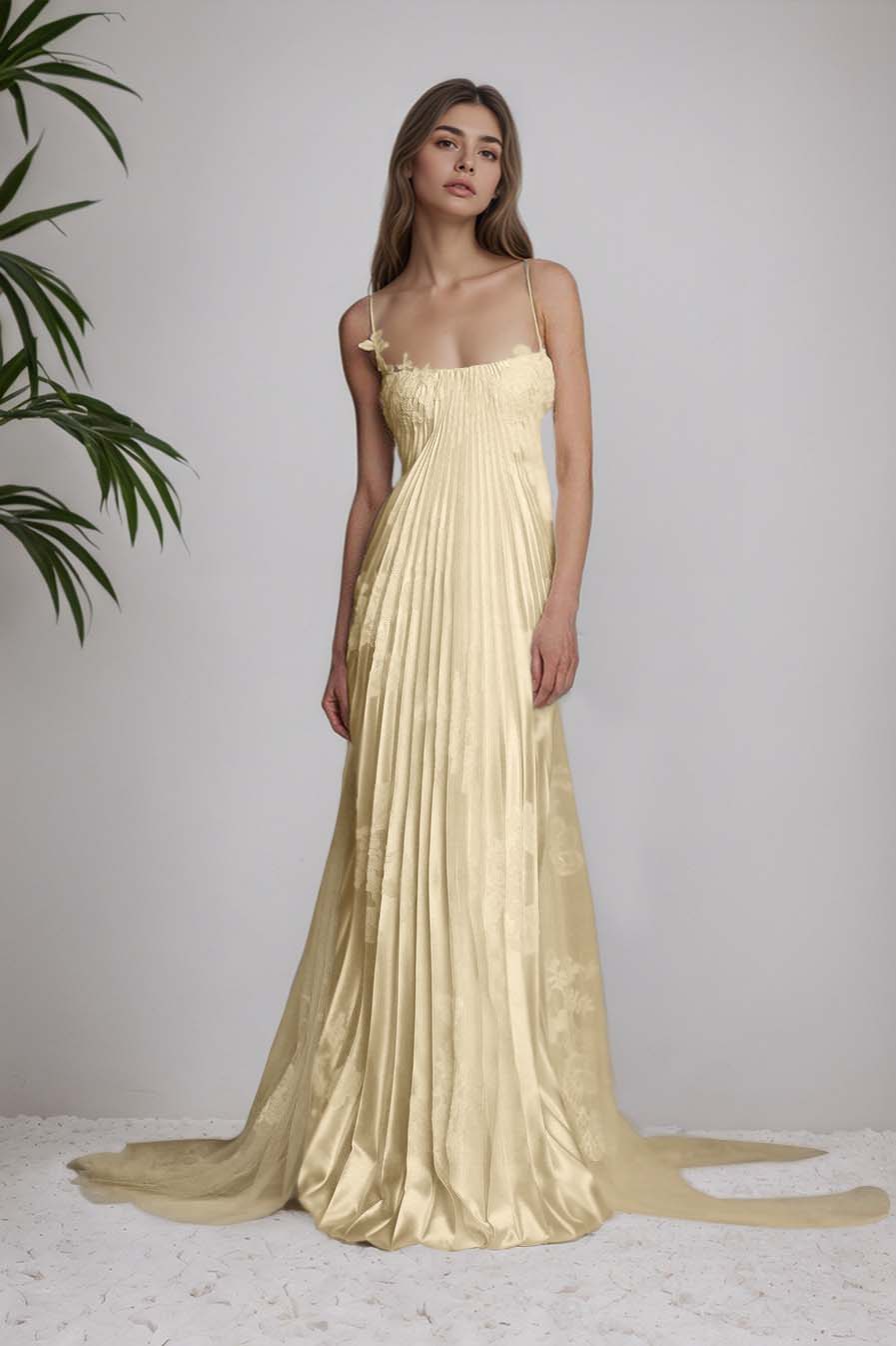 Stunning Spaghetti-Straps Pleated Sheath Appliques Prom Dress With Detachable Train XJ0176