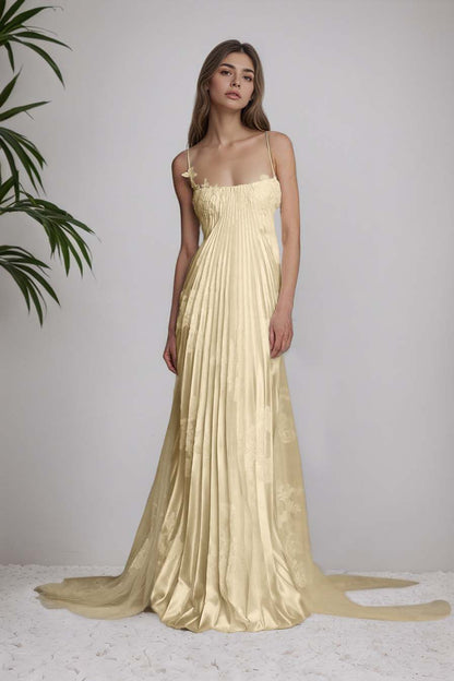 Stunning Spaghetti-Straps Pleated Sheath Appliques Prom Dress With Detachable Train XJ0176