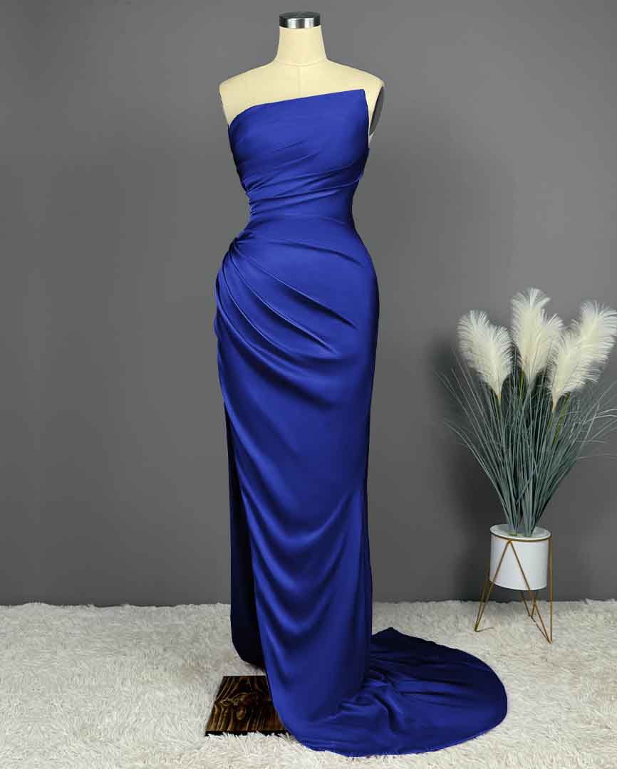 Simple Blue Prom Dress Sleeveless Charmeuse Gown With High Slit PLeated X0002