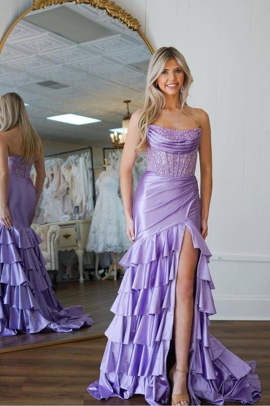 Charming Purple Satin Strapless Sleeveless Long Split Prom Dress with Sequins | Zelldresses