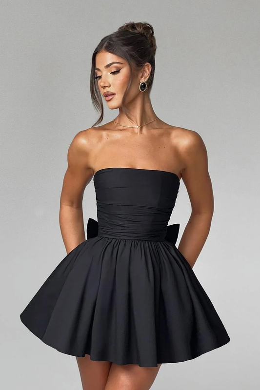 Black Sleeveless Strapless A Line Short Homecoming Dress With Bowknot XJ0247
