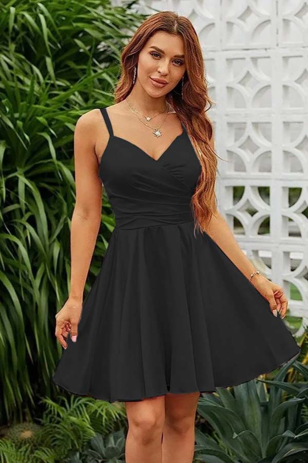 Pink Satin V Neck Spaghetti Strap Sleeveless Pleated Short Homecoming Dress YZTS072