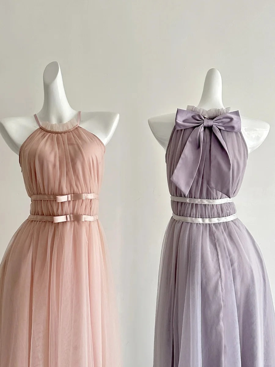Elegant Pink A-line Halter Neck Waist Tulle Long Prom Dress Evening Dress Bridesmaid Dress P4002