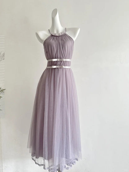 Elegant Pink A-line Halter Neck Waist Tulle Long Prom Dress Evening Dress Bridesmaid Dress P4002
