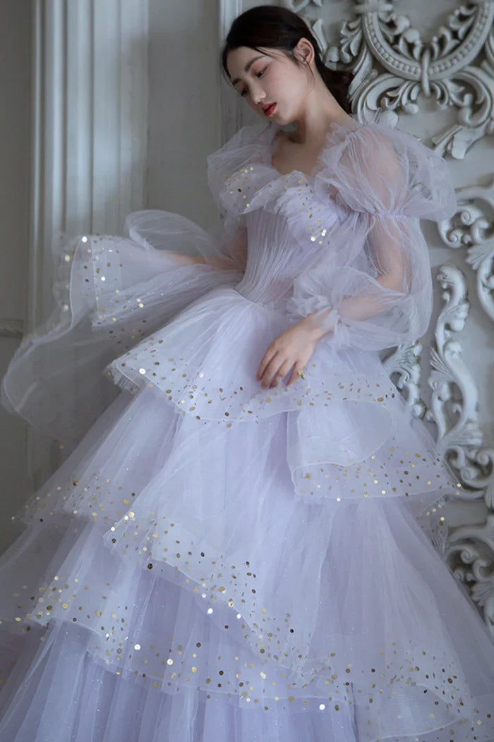 Gentle A Line Long Sleeve Sequin Tiered Purple Tulle Long Party Dress Evening Dress SH2799