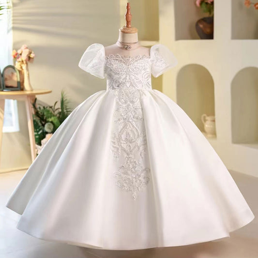 Elegant White Flower Girl Dress Beads Satin Arabic Princess J251