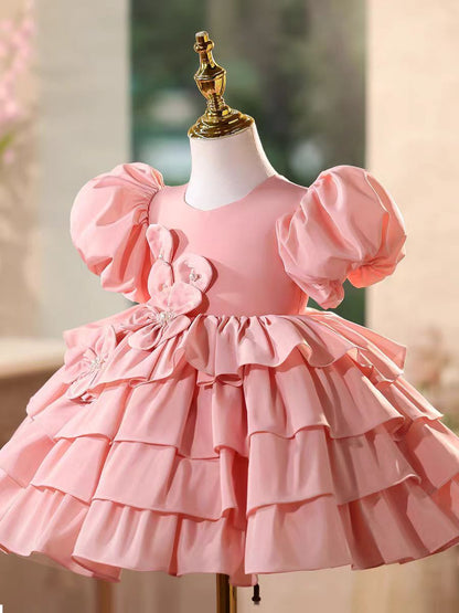 Luxury Pink Party Dress with 3D Flowers and Pearls Flower Girl Dress J585