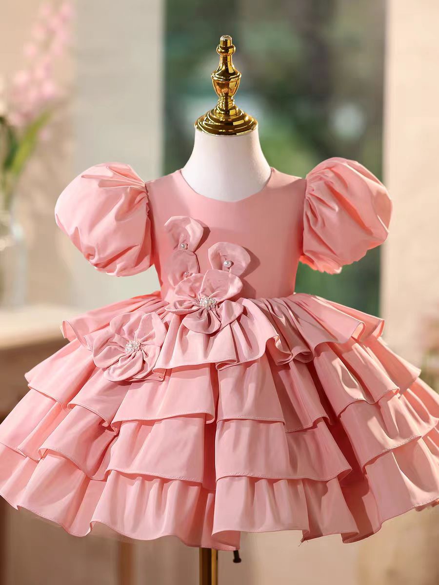 Luxury Pink Party Dress with 3D Flowers and Pearls Flower Girl Dress J585