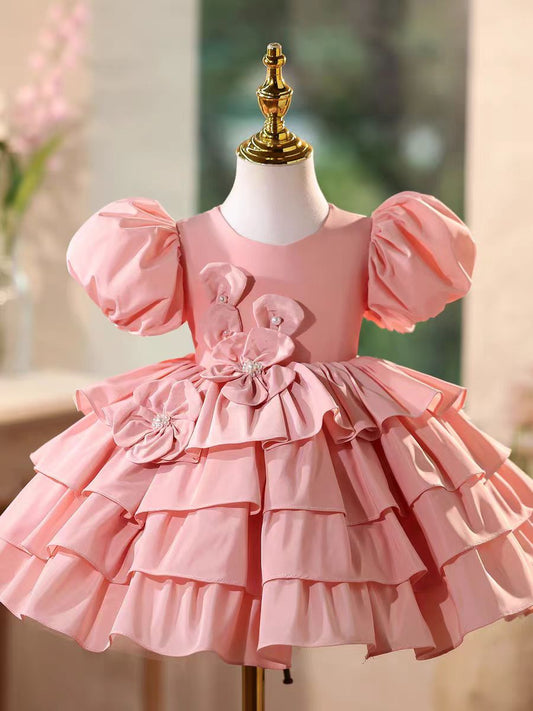 Luxury Pink Party Dress with 3D Flowers and Pearls Flower Girl Dress J585