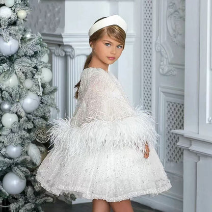 Luxury Blue Girl Dress Feathers Cap Sleeve Kid Princess J170