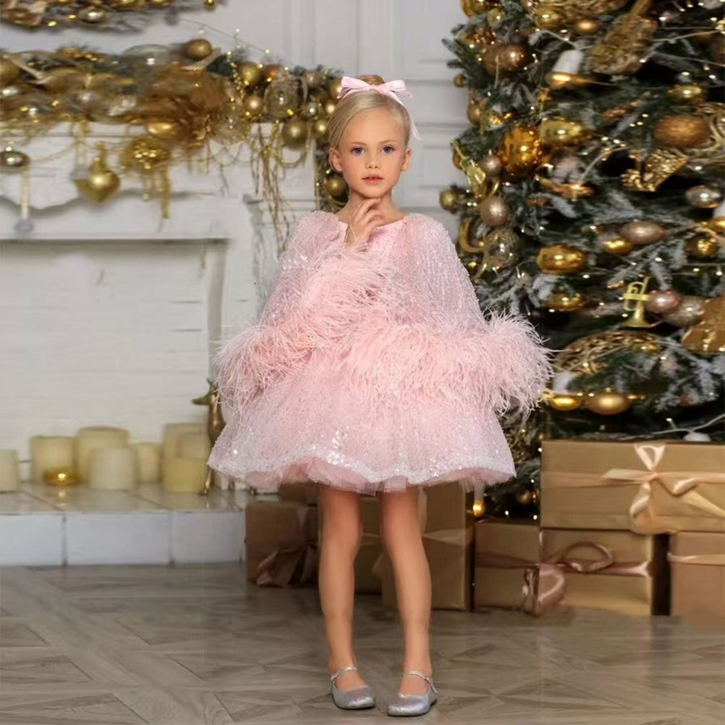 Luxury Blue Girl Dress Feathers Cap Sleeve Kid Princess J170