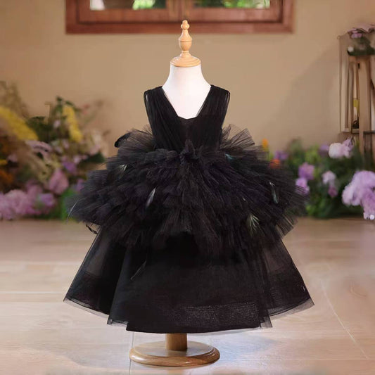 Elegant Black Flower Girl Dress with Feather Details Fluffy Long Skirt D139