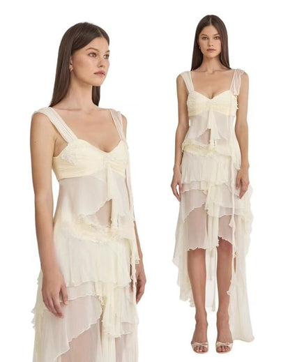 Gentle A Line Two Piece Appliques Tiered Ivory Chiffon Party Dress Evening Dress SH2886