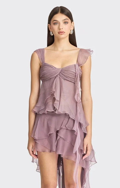 Gentle A Line Two Piece Appliques Tiered Ivory Chiffon Party Dress Evening Dress SH2886