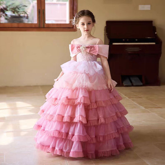 Luxury Off Shoulder Pink Tiered Crystal Flower Girl Dress D320