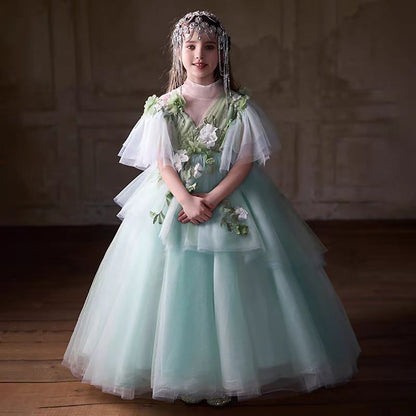 Flowers Sage Green Girl Dress for Birthday Party Pageant J214