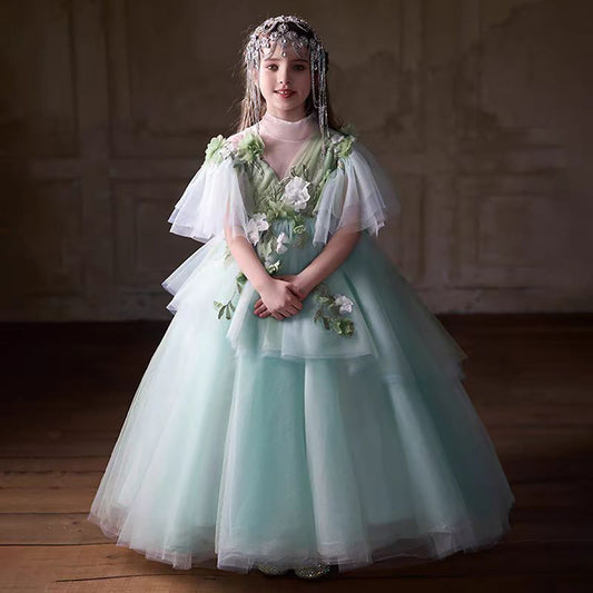 Flowers Sage Green Girl Dress for Birthday Party Pageant J214