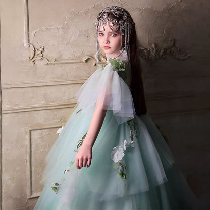 Flowers Sage Green Girl Dress for Birthday Party Pageant J214