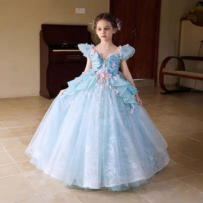 Luxury V-Neck Pink Applique Tulle Flower Girl Dress D321