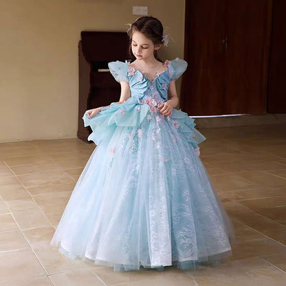 Luxury V-Neck Pink Applique Tulle Flower Girl Dress D321