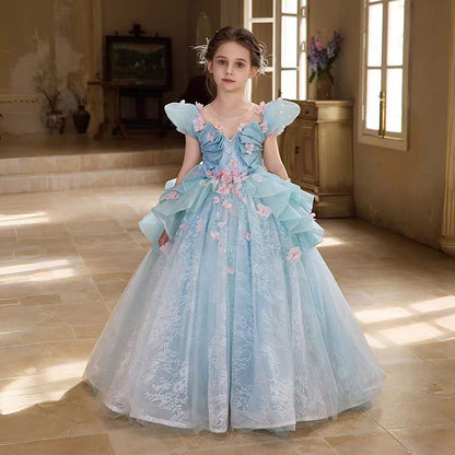 Luxury V-Neck Pink Applique Tulle Flower Girl Dress D321