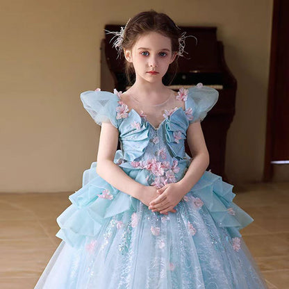 Luxury V-Neck Pink Applique Tulle Flower Girl Dress D321