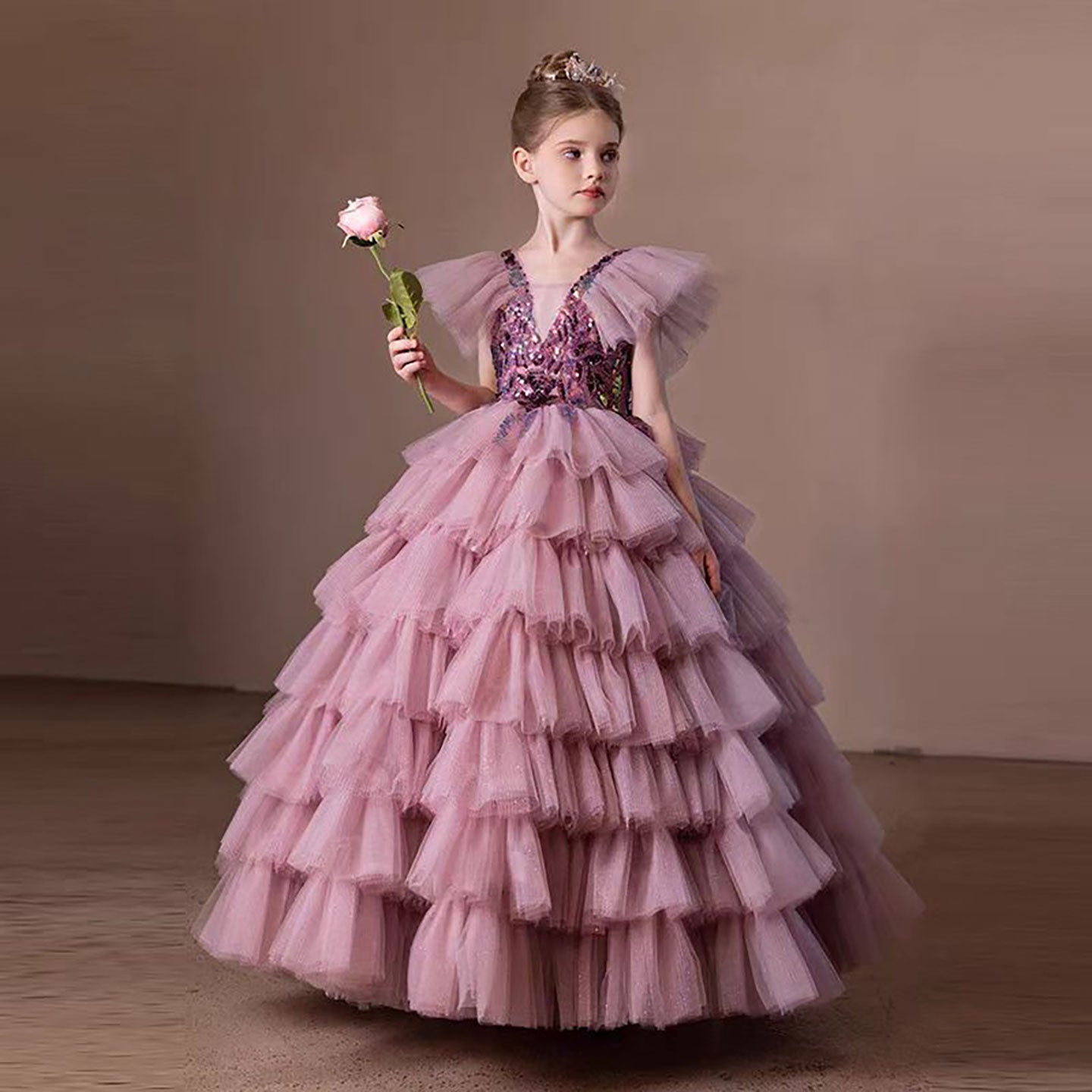 V-Neck Sequined Tiered Tulle Flower Girl Dress Princess D303